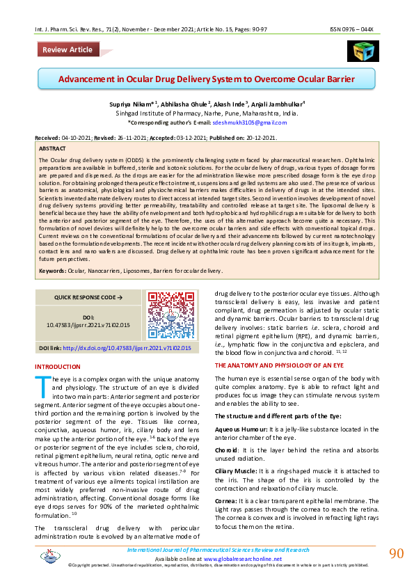 (PDF) Advancement in Ocular Drug Delivery System to Overcome Ocular Barrier