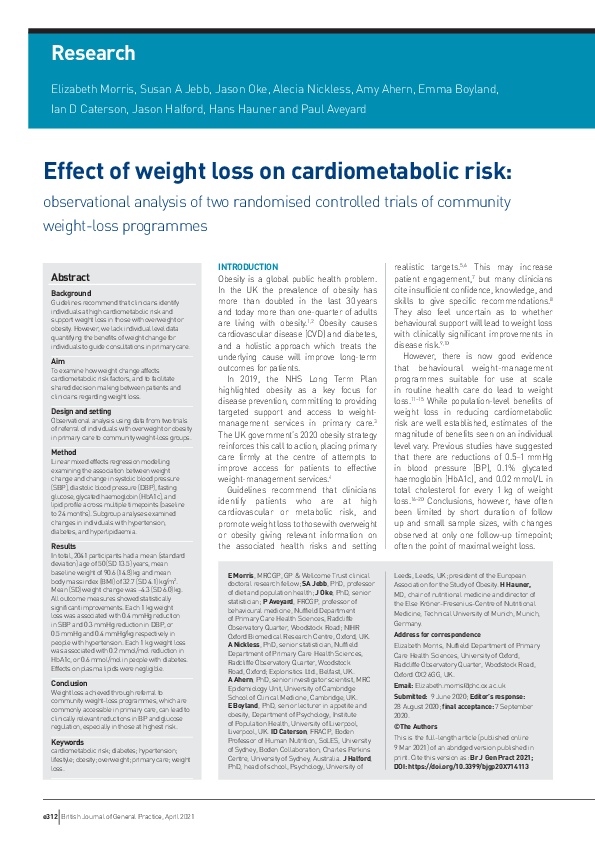 (PDF) Effect of weight loss on cardiometabolic risk: observational ...