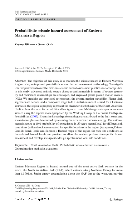 (PDF) Probabilistic seismic hazard assessment of Eastern Marmara Region