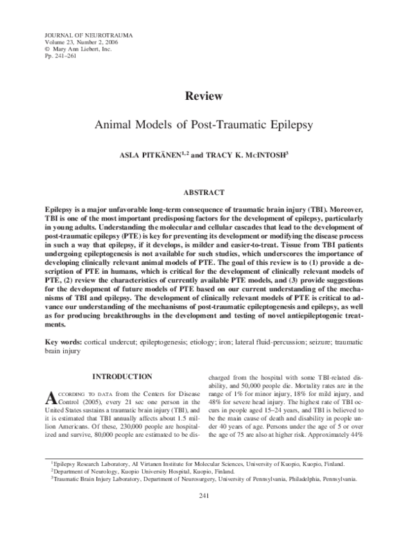 (PDF) Animal Models of PostTraumatic Epilepsy Jason Huang Academia.edu