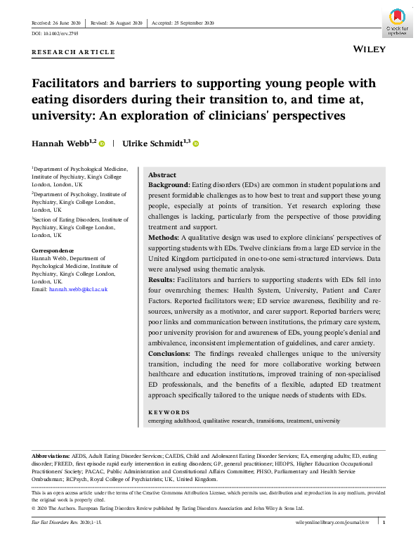 (PDF) Facilitators and barriers to supporting young people with eating ...