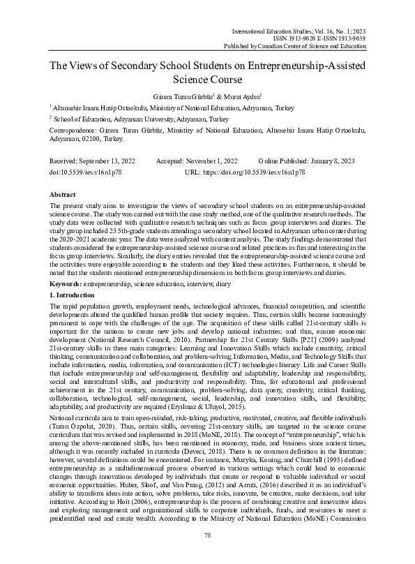 (PDF) The Views of Secondary School Students on Entrepreneurship ...