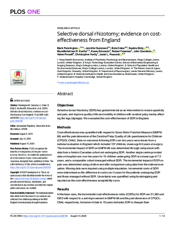 (PDF) Selective dorsal rhizotomy; evidence on costeffectiveness from