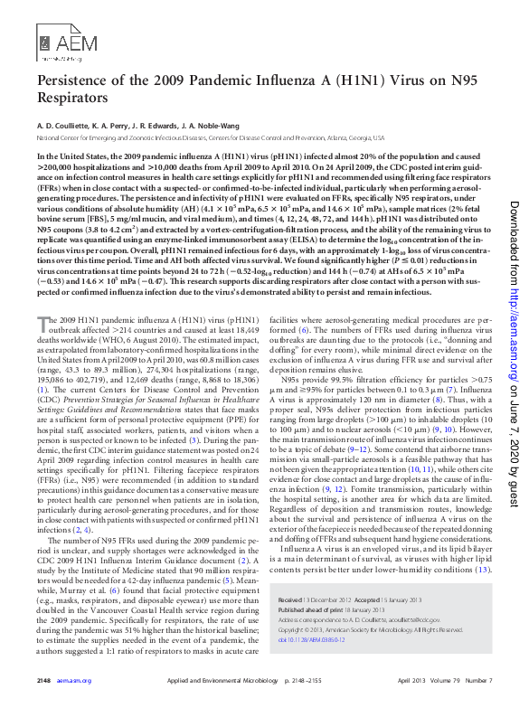 (PDF) Persistence of the 2009 Pandemic Influenza A (H1N1) Virus on N95 ...
