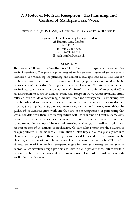 (PDF) A model of medical reception–the planning and control of multiple ...