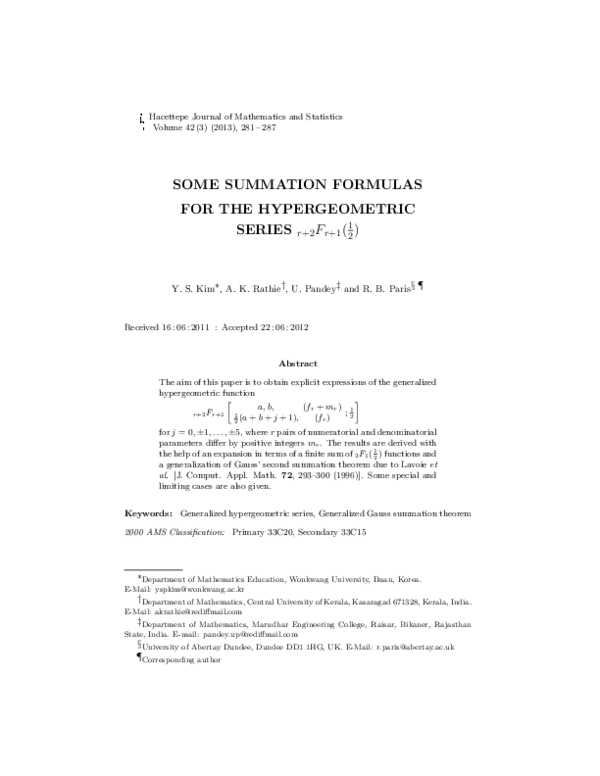 (PDF) Some summation formulas for the hypergeometric series r+2Fr+1(1/2)