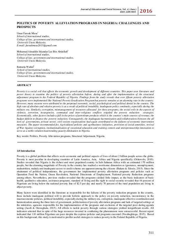 (PDF) POLITICS OF POVERTY ALLEVIATION PROGRAMS IN NIGERIA: CHALLENGES ...