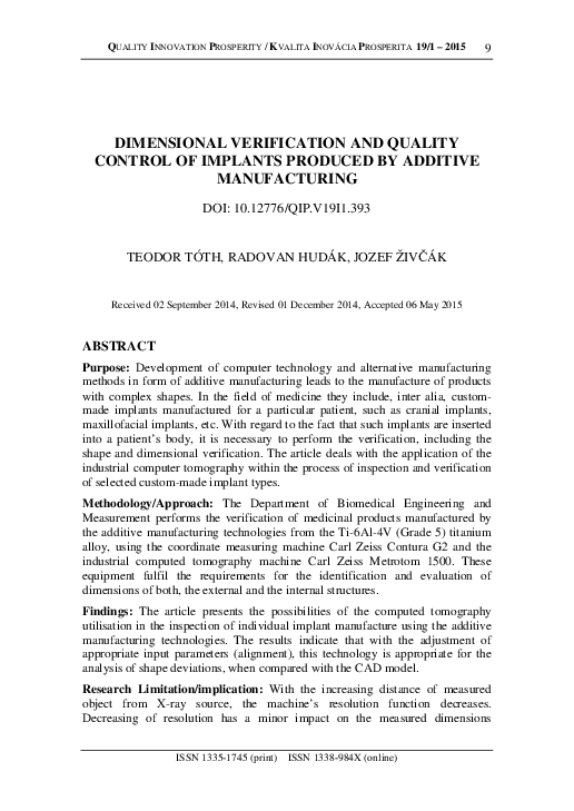 (PDF) Dimensional Verification and Quality Control of Implants Produced