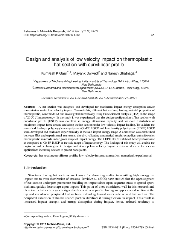 (PDF) Design and analysis of low velocity impact on thermoplastic hat ...