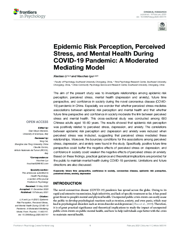 (PDF) Epidemic Risk Perception, Perceived Stress, and Mental Health ...