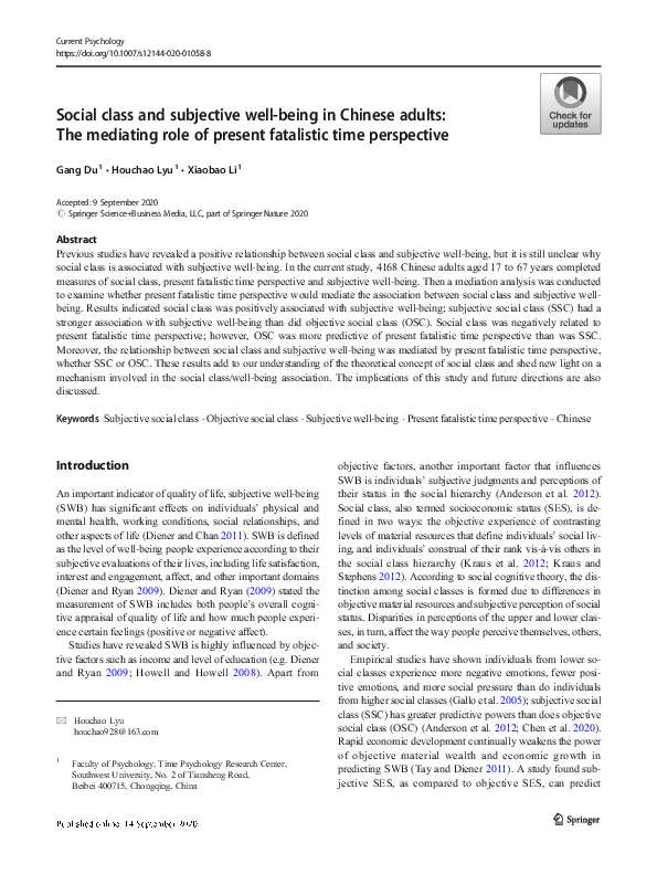 (PDF) Social class and subjective well-being in Chinese adults: The ...