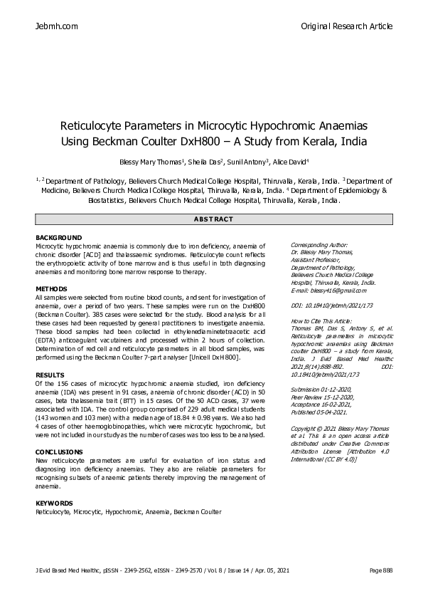 (PDF) Reticulocyte Parameters in Microcytic Hypochromic Anaemias Using ...