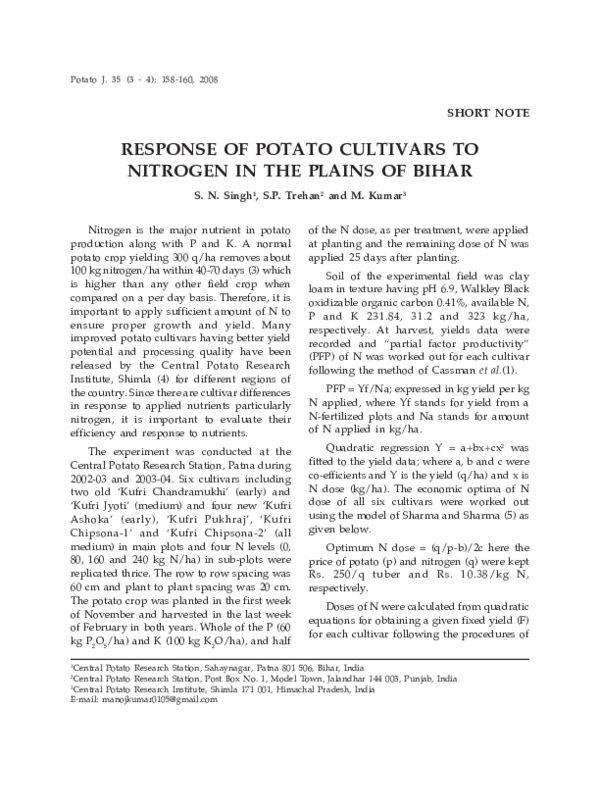 (PDF) Response of Potato Cultivars to Nitrogen in the Plains of Bihar