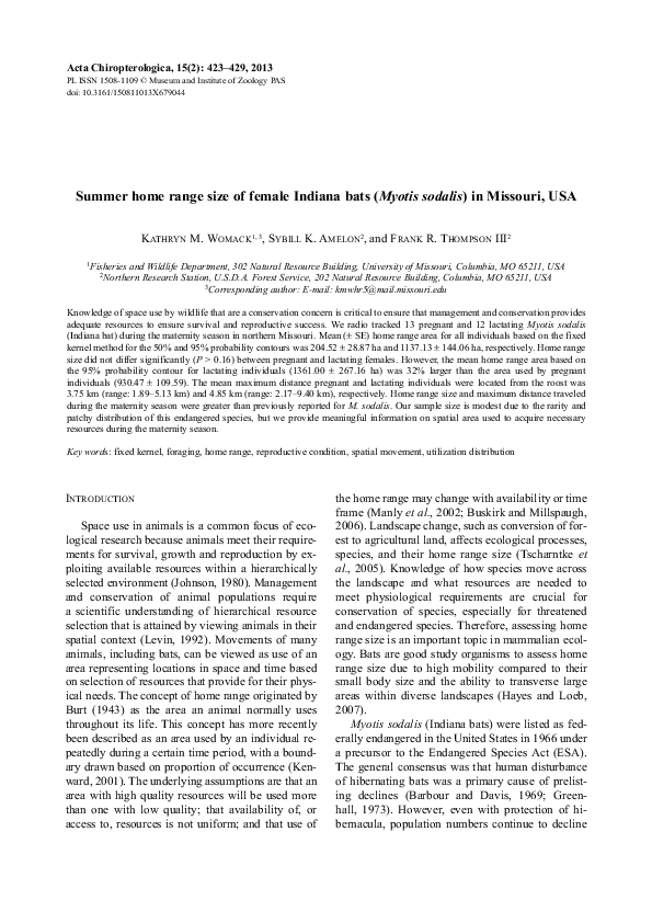 (PDF) Summer Home Range Size of Female Indiana Bats (Myotis Sodalis) in ...