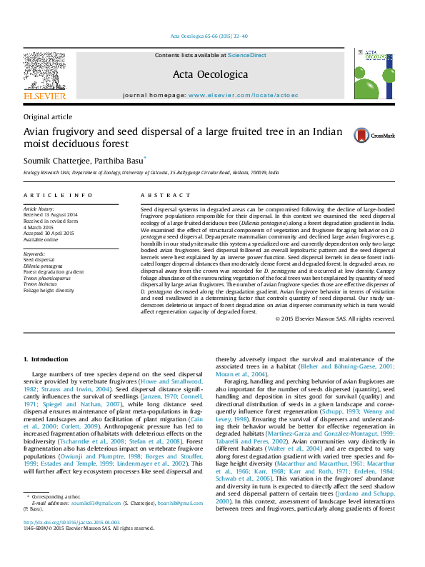 (PDF) Avian frugivory and seed dispersal of a large fruited tree in an ...