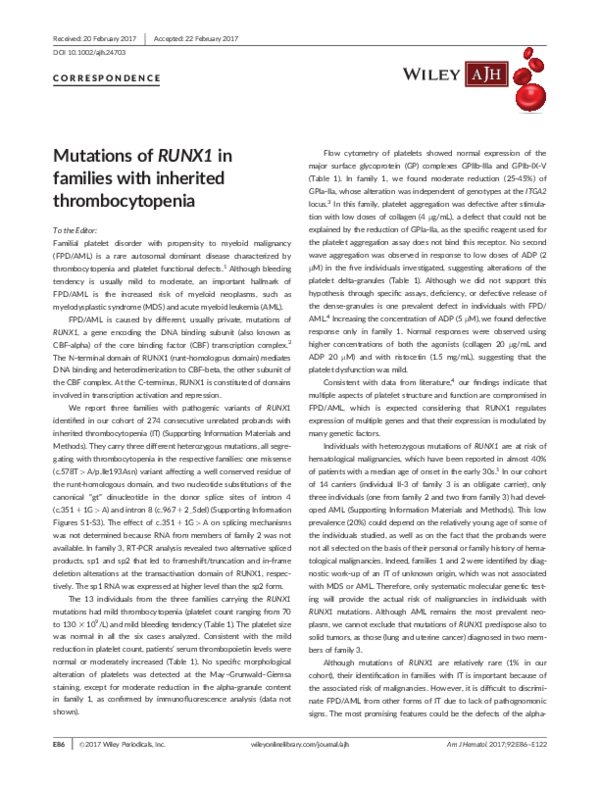 (PDF) Mutations of RUNX1 in families with inherited thrombocytopenia
