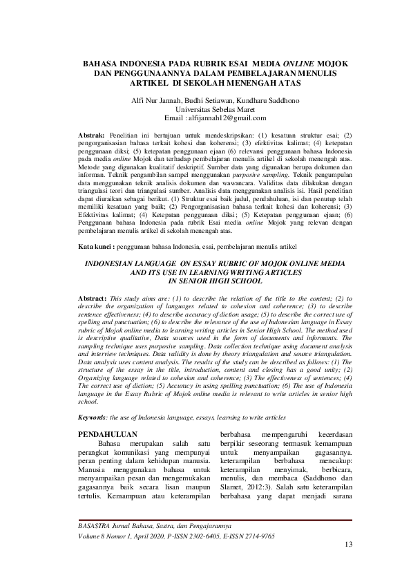 (PDF) Bahasa Indonesia Pada Rubrik Esai Media Online Mojok Dan