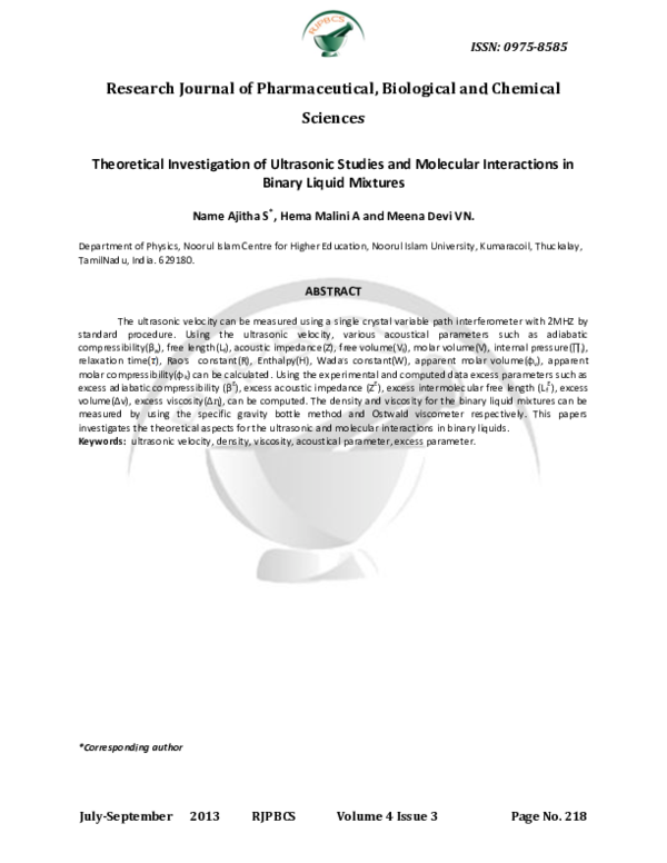 (PDF) Theoretical Investigation of Ultrasonic Studies and Molecular ...