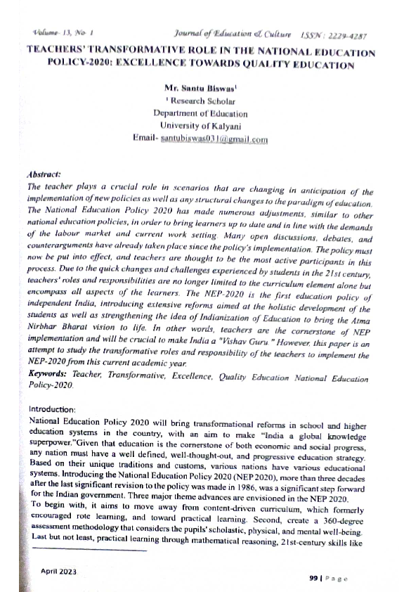 (PDF) TEACHERS TRANSFORMATIVE ROLE IN THE NATIONAL EDUCATION POLICY ...