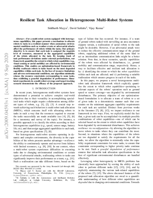 (PDF) Resilient Task Allocation in Heterogeneous Multi-Robot Systems
