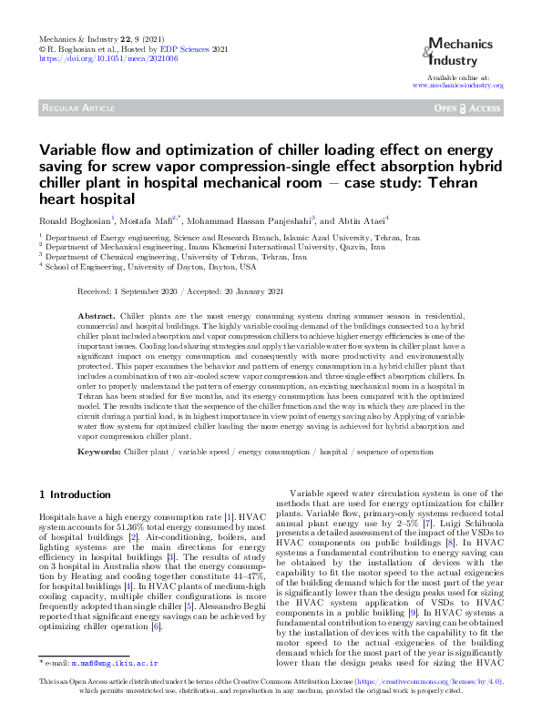 Variable flow and optimization of chiller loading effect on energy saving for screw vapor compression-single effect absorption hybrid chiller plant in hospital mechanical room ‒ case study: Tehran heart hospital