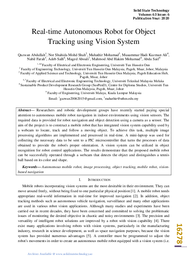 (PDF) Real-time Autonomous Robot for Object Tracking using Vision System