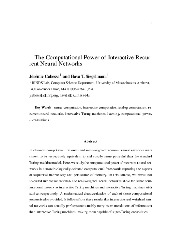 (PDF) The Computational Power of Interactive Recurrent Neural Networks