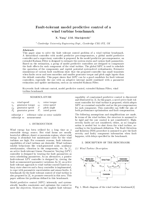 (PDF) Fault-tolerant model predictive control of a wind turbine benchmark