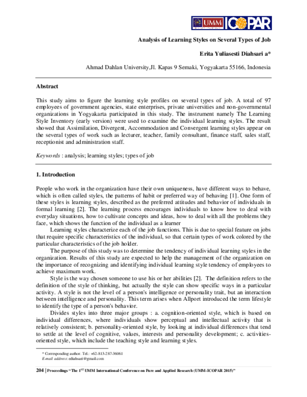 (PDF) Analysis of Learning Styles on Several Types of Job