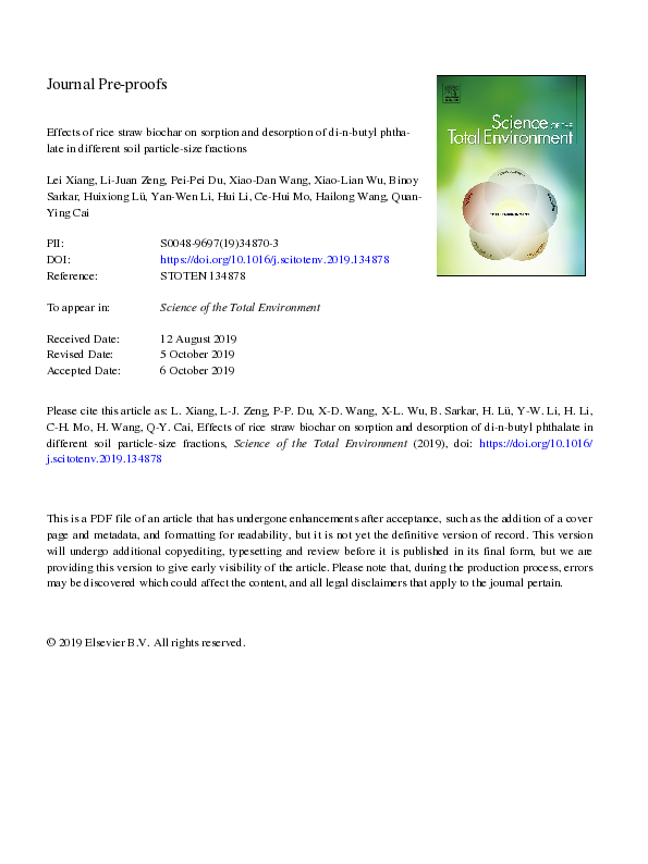 (PDF) Effects of rice straw biochar on sorption and desorption of di-n ...