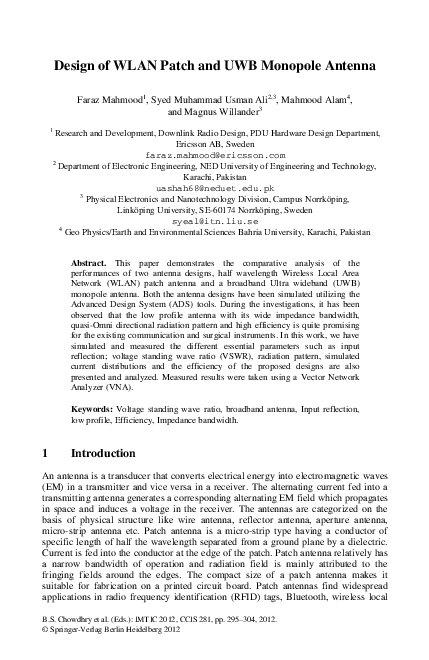 (PDF) Design of WLAN Patch and UWB Monopole Antenna