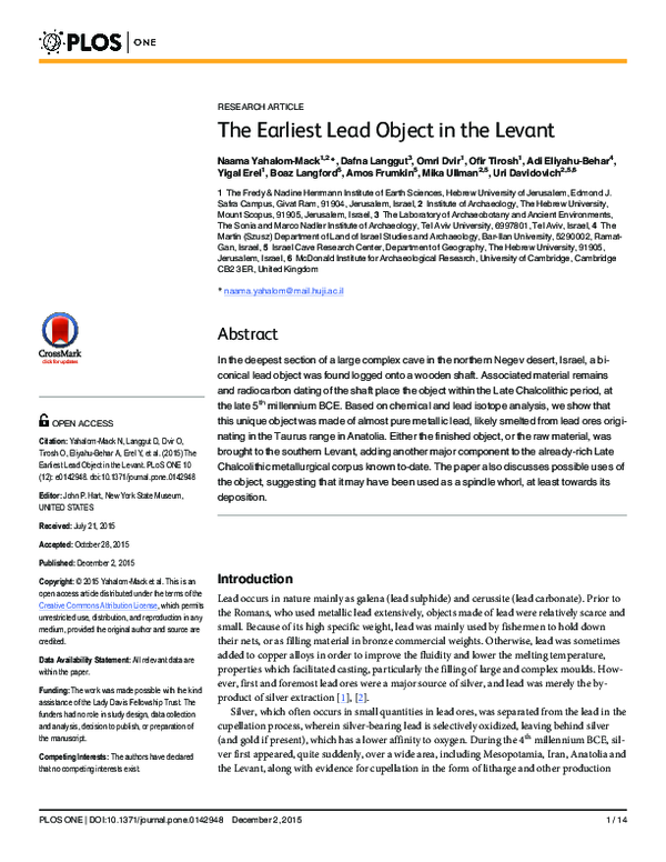 (PDF) The Earliest Lead Object in the Levant | Boaz Langford - Academia.edu