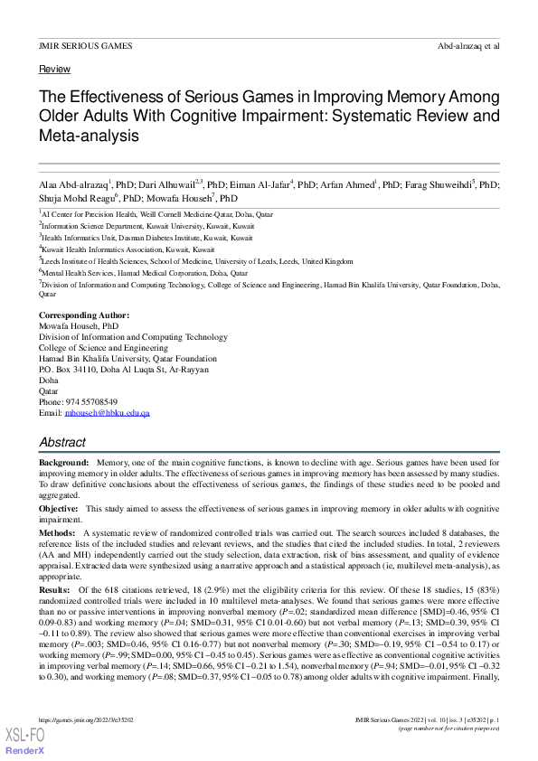 (PDF) The Effectiveness of Serious Games in Improving Memory Among ...