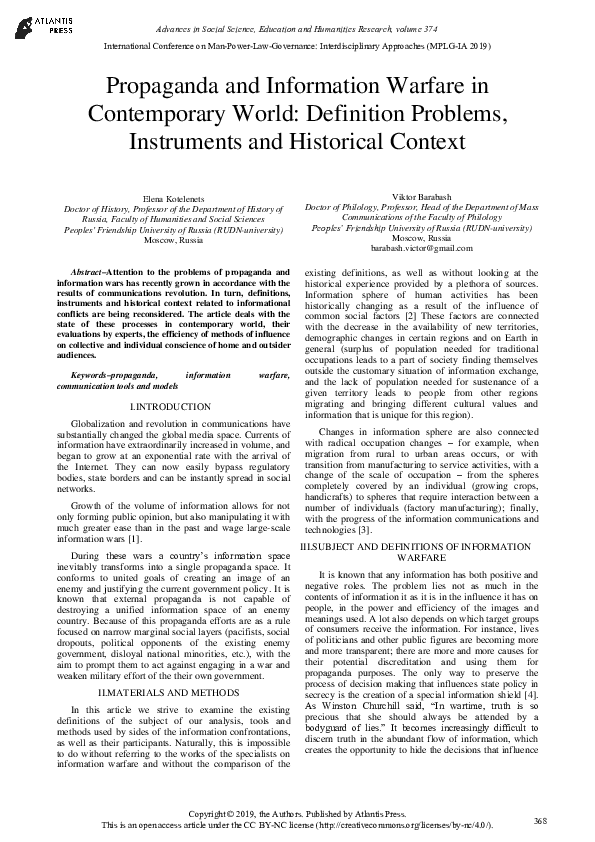 (PDF) Propaganda and Information Warfare in Contemporary World Definition Problems, Instruments