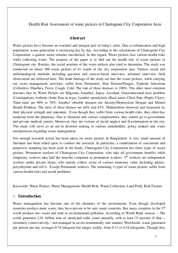 (PDF) Health Risk Assessment of waste pickers in Chattogram City