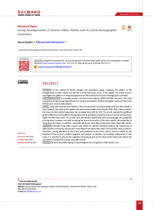 (PDF) Living Arrangements of Iranian Older Adults and Its Socio ...
