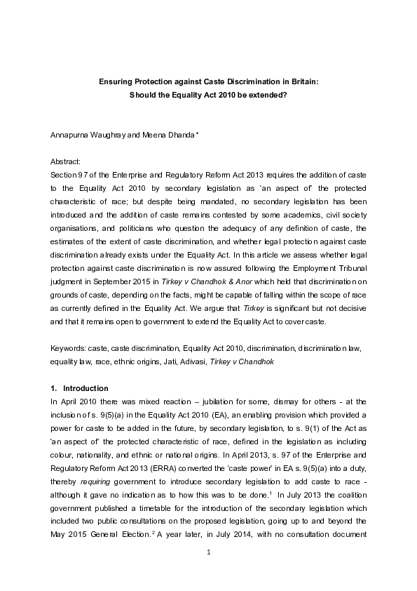 (PDF) Ensuring protection against caste discrimination in Britain ...