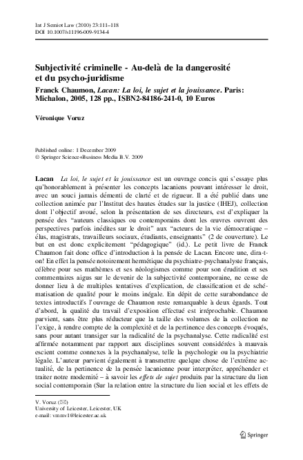 (PDF) Subjectivité criminelle - Au-delà de la dangerosité et du psycho ...