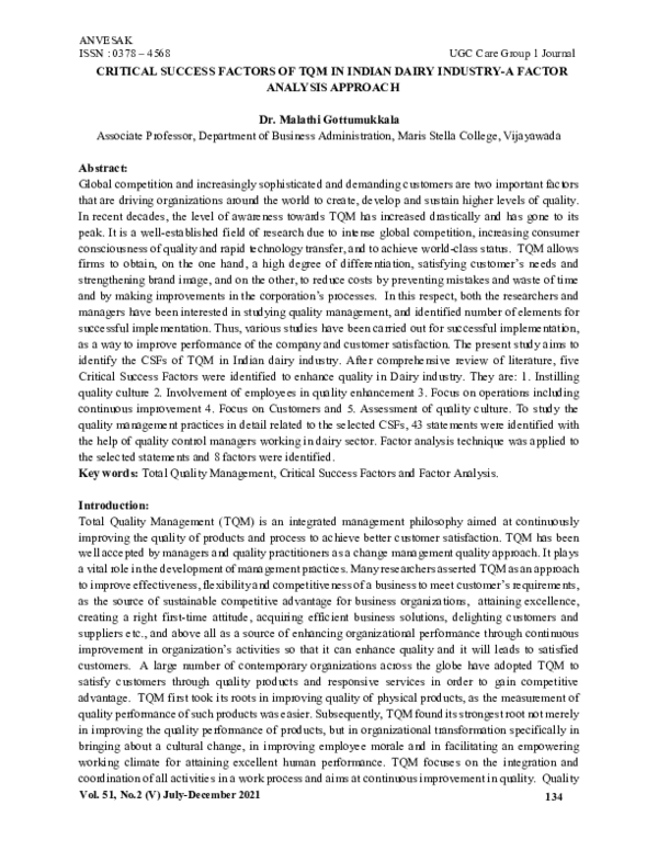 (PDF) CRITICAL SUCCESS FACTORS OF TQM IN INDIAN DAIRY INDUSTRY-A FACTOR ...