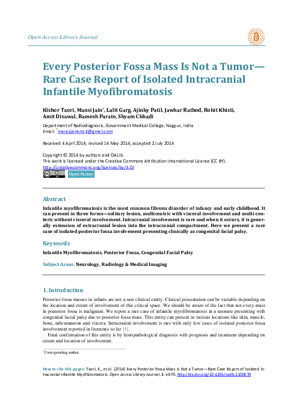 (PDF) Every Posterior Fossa Mass Is Not a Tumor— Rare Case Report of ...