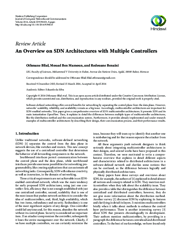 (PDF) An Overview on SDN Architectures with Multiple Controllers