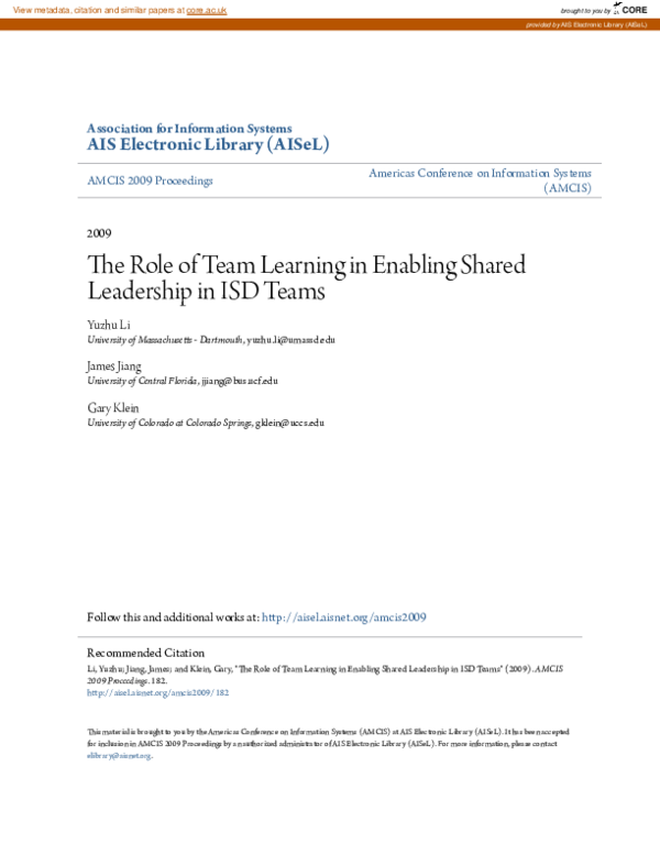 (PDF) The role of team learning in enabling shared leadership in ISD teams