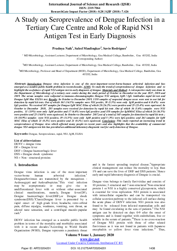 (PDF) A Study on Seroprevalence of Dengue Infection in a Tertiary Care ...