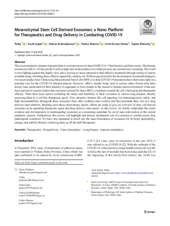 (PDF) Mesenchymal Stem Cell Derived Exosomes: a Nano Platform for ...