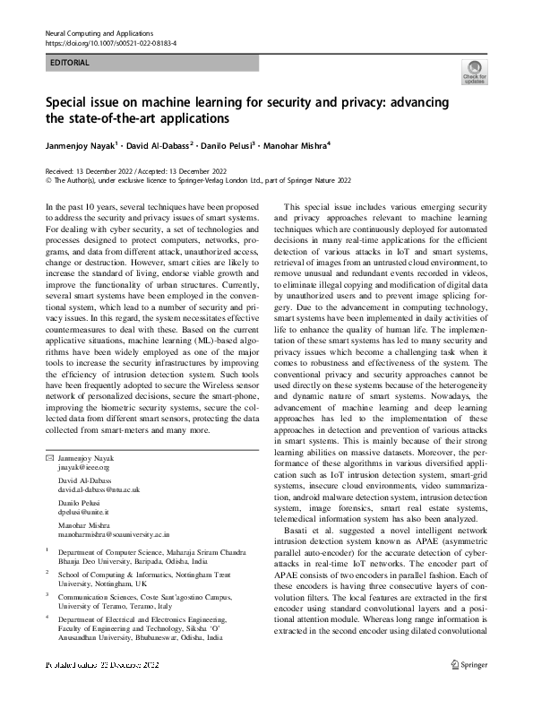 (PDF) Special issue on machine learning for security and privacy ...