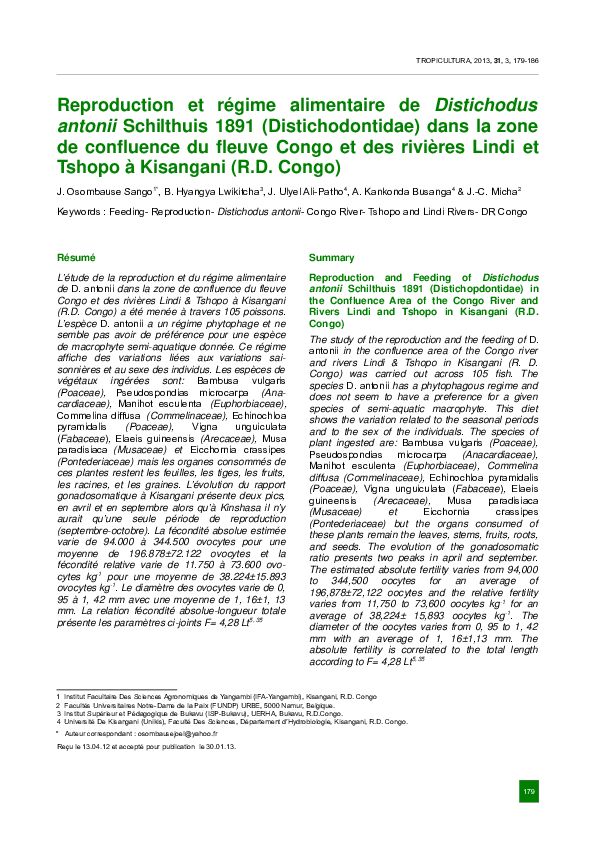 (PDF) Reproduction et régime alimentaire de Distichodus antonii ...