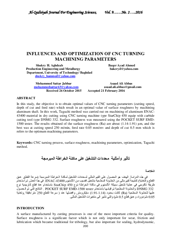 (PDF) Influences and Optimization of CNC Turning Machining Parameters