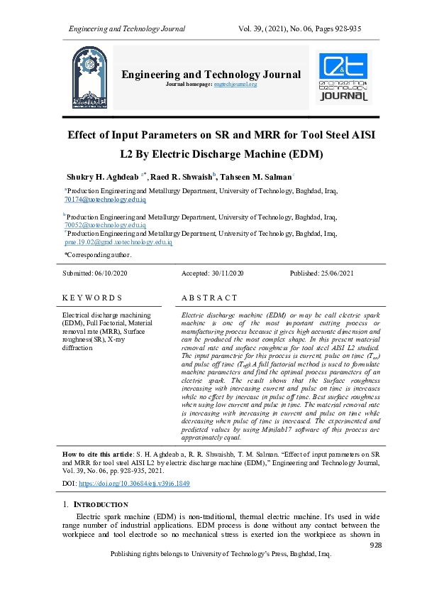 (PDF) Effect of Input Parameters on SR and MRR for Tool Steel AISI L2 ...