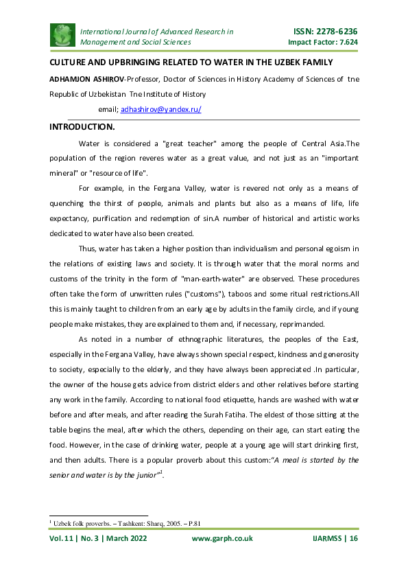 (PDF) CULTURE AND UPBRINGING RELATED TO WATER IN THE UZBEK FAMILY