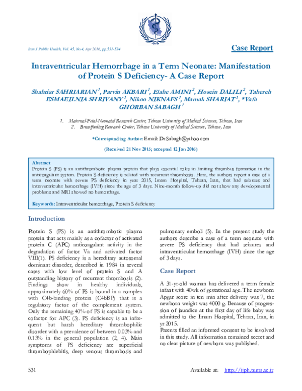 (PDF) Intraventricular Hemorrhage in a Term Neonate: Manifestation of ...